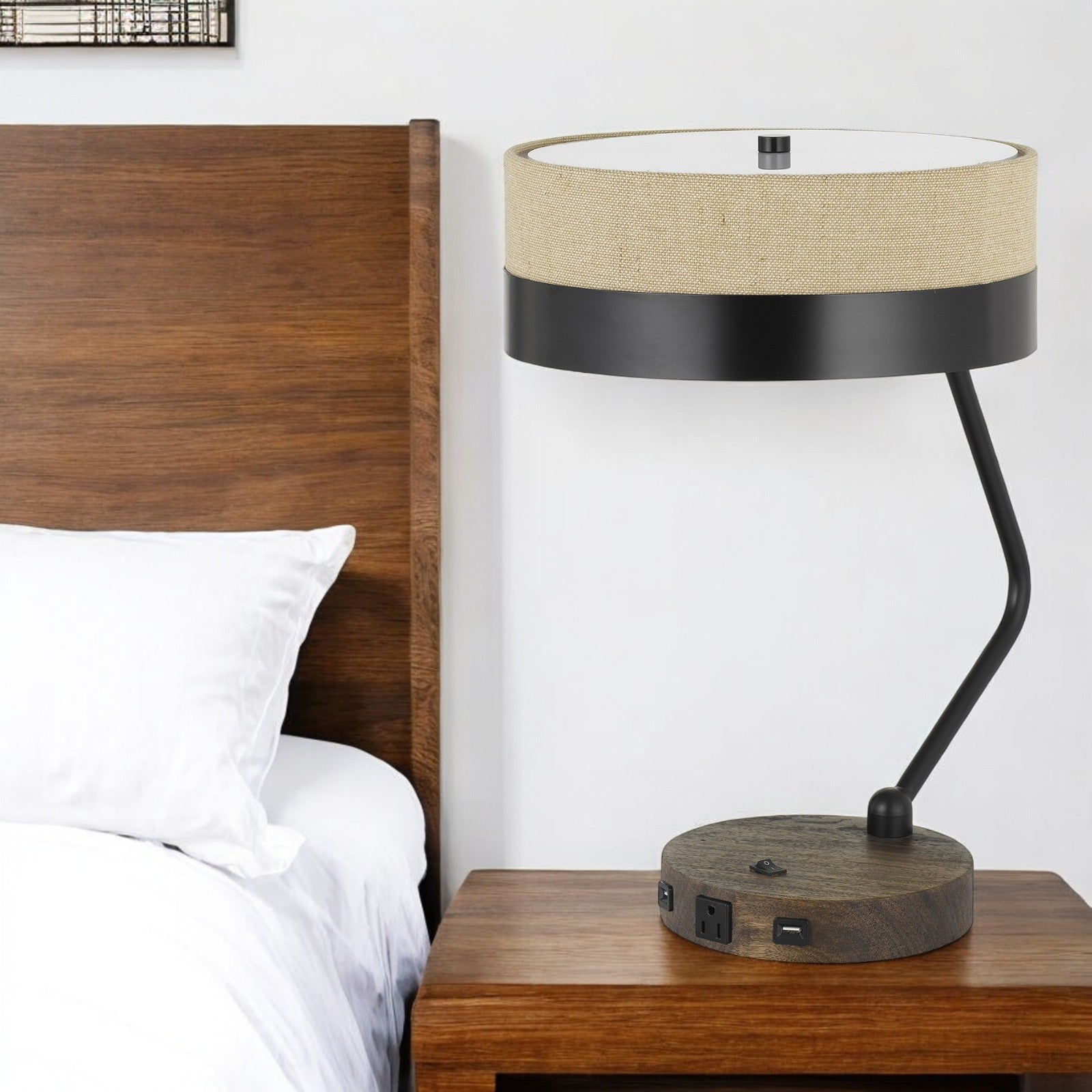 20" Black And Brown Wood And Metal Two Light USB Table Lamp With Beige And Black Shade - GreatEagleInc