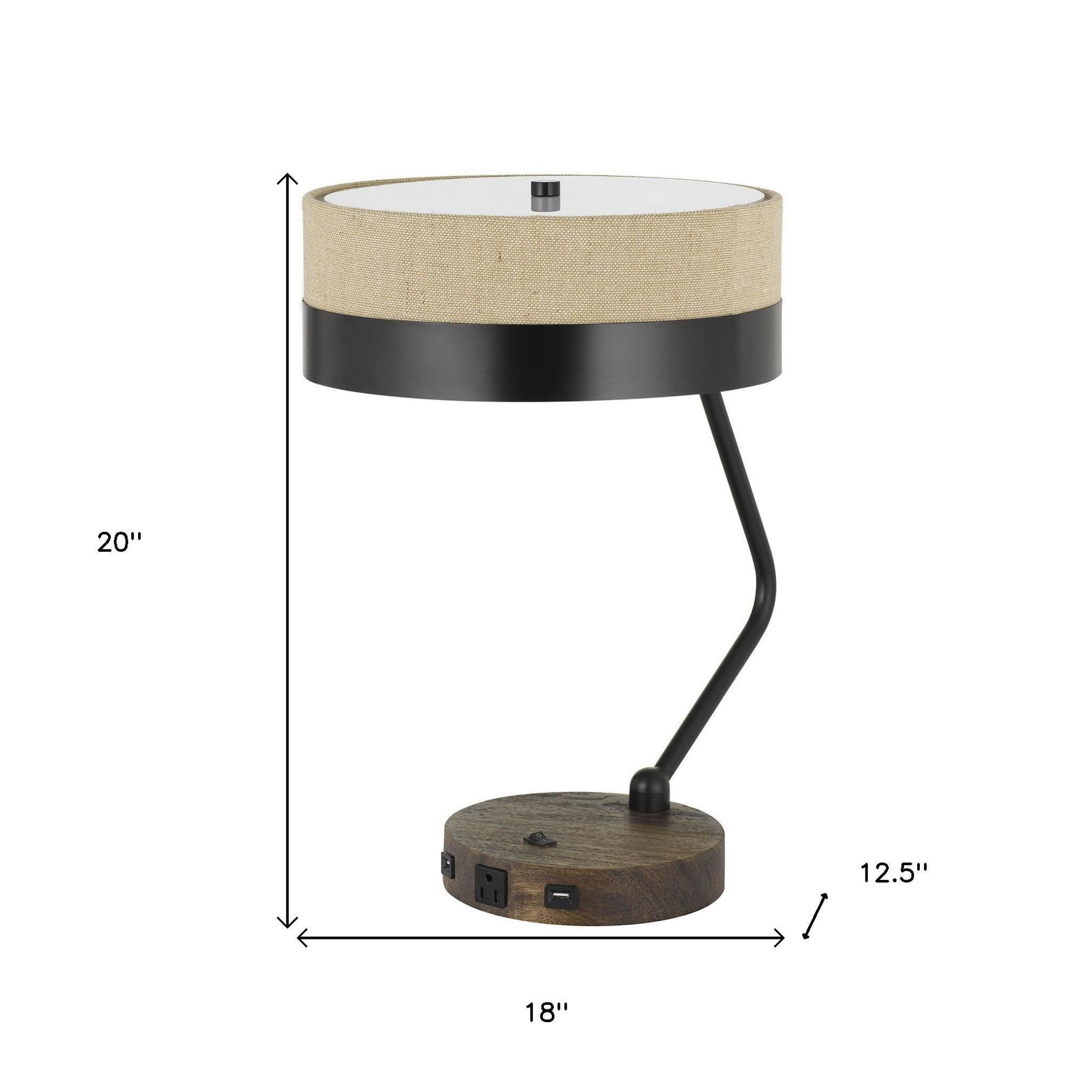 20" Black And Brown Wood And Metal Two Light USB Table Lamp With Beige And Black Shade - GreatEagleInc