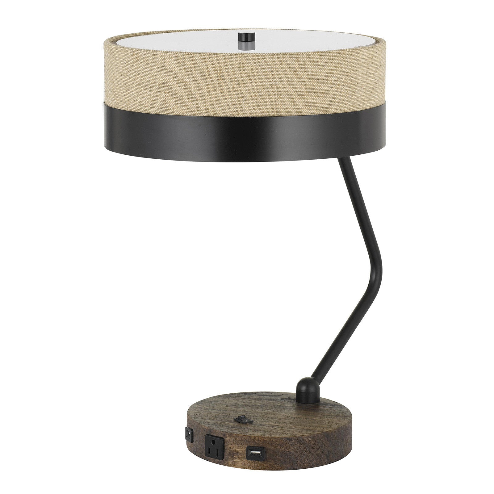20" Black And Brown Wood And Metal Two Light USB Table Lamp With Beige And Black Shade - GreatEagleInc