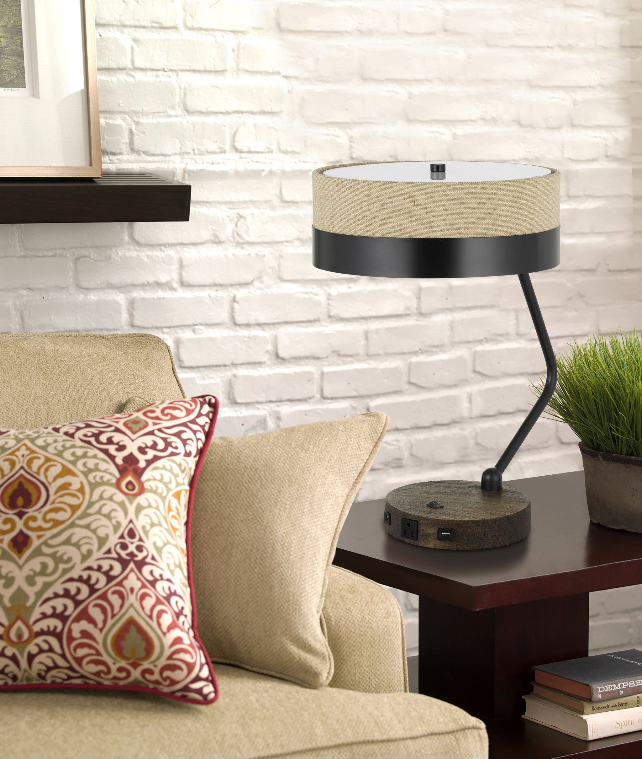 20" Black And Brown Wood And Metal Two Light USB Table Lamp With Beige And Black Shade - GreatEagleInc