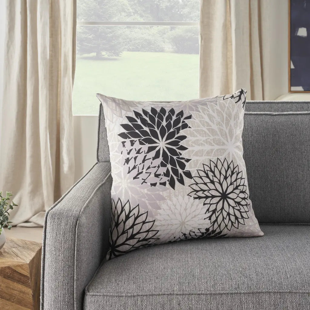 20" Black Gray and White Handmade Floral Indoor Outdoor Throw Pillow Homeroots Outdoor
