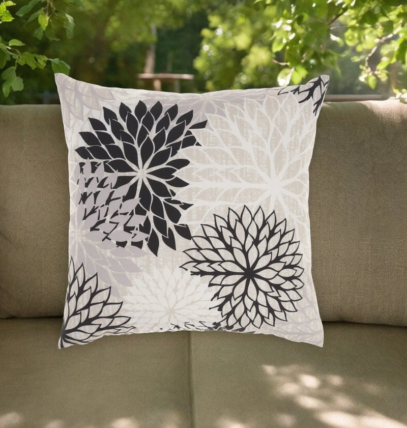 20" Black Gray and White Handmade Floral Indoor Outdoor Throw Pillow Homeroots Outdoor