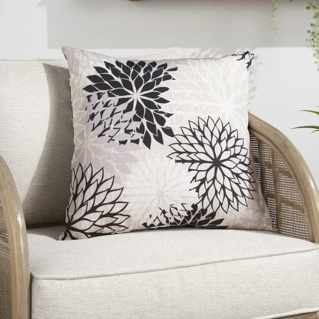 20" Black Gray and White Handmade Floral Indoor Outdoor Throw Pillow Homeroots Outdoor