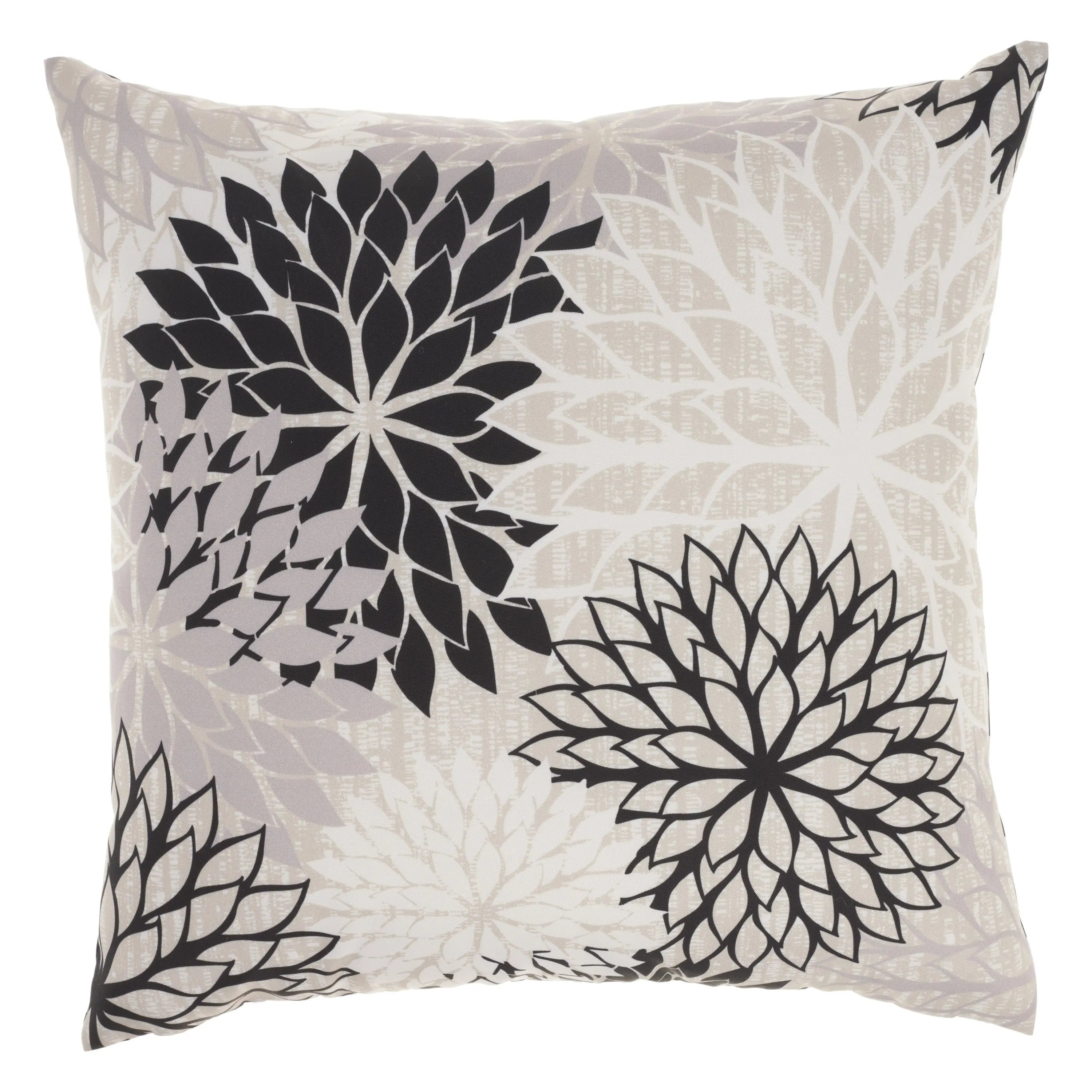 20" Black Gray and White Handmade Floral Indoor Outdoor Throw Pillow Homeroots Outdoor