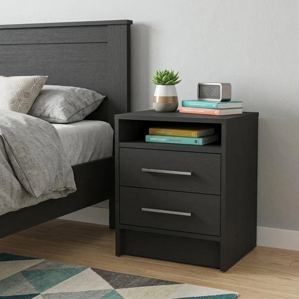 20" Black Two Drawer Faux Wood Nightstand Homeroots Bed & Bath