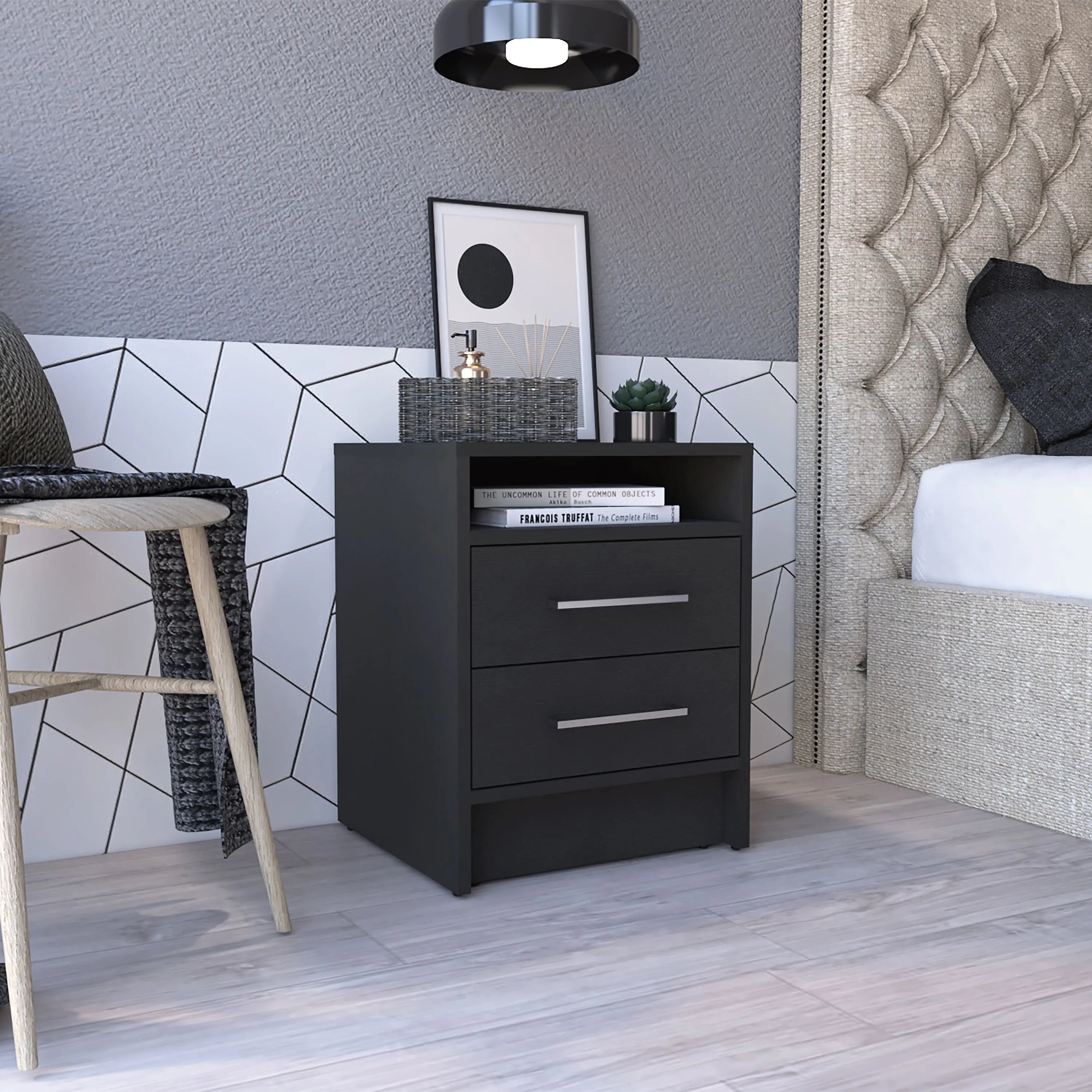 20" Black Two Drawer Faux Wood Nightstand Homeroots Bed & Bath