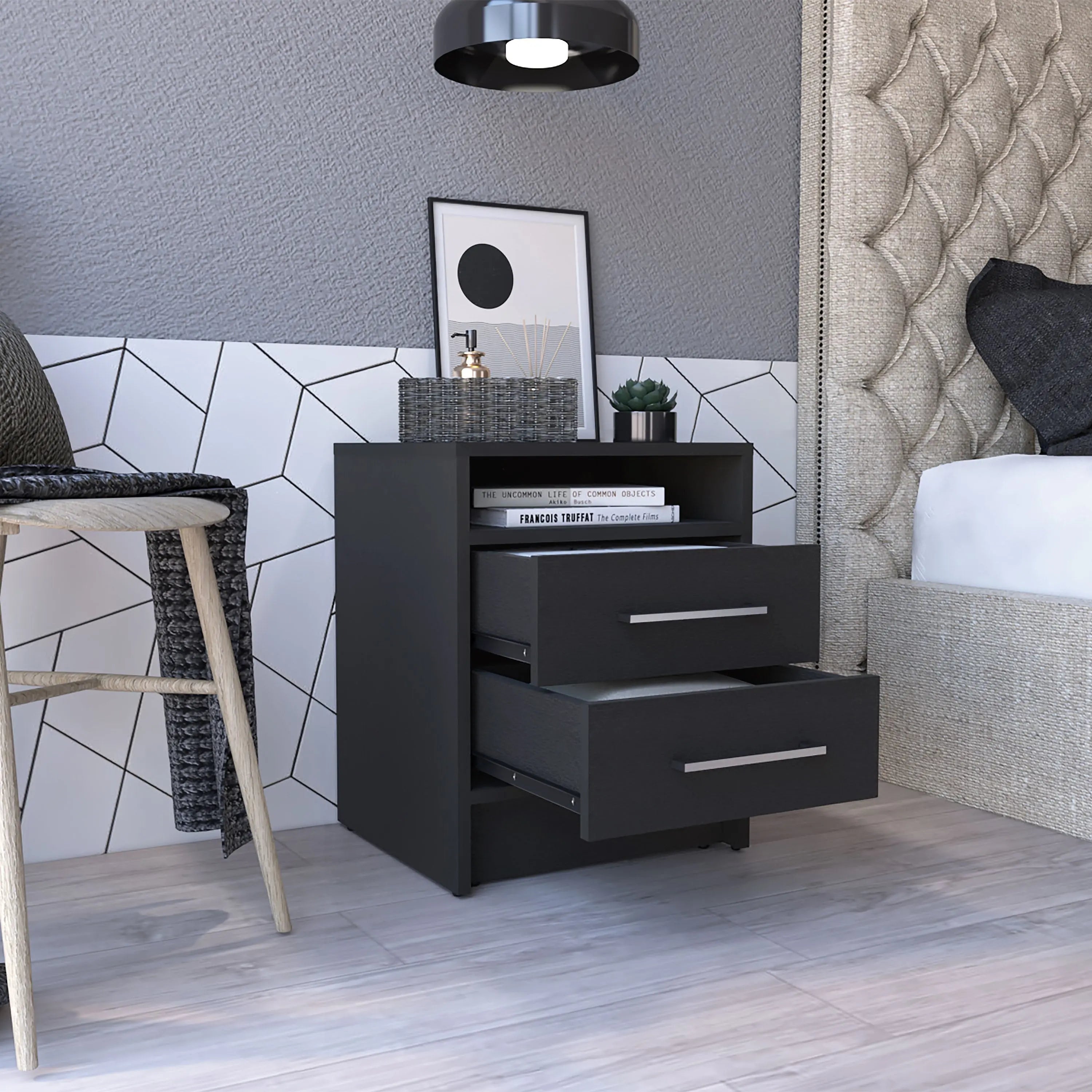 20" Black Two Drawer Faux Wood Nightstand Homeroots Bed & Bath