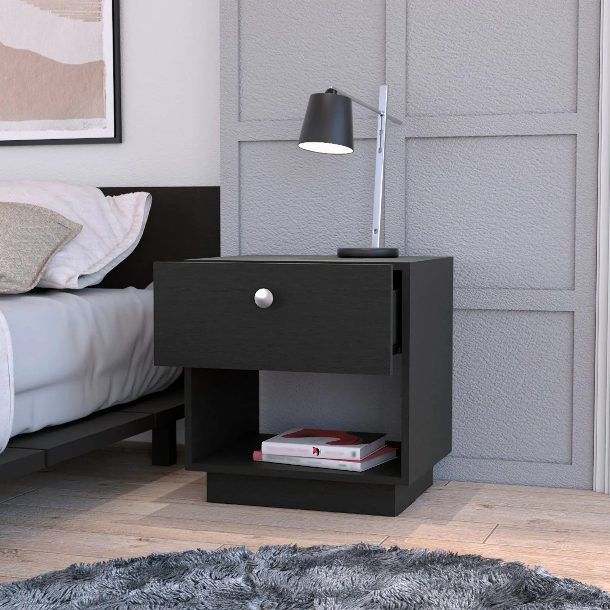 20" Black Wood One Drawer Nightstand with Integrated Tech Homeroots Bed & Bath