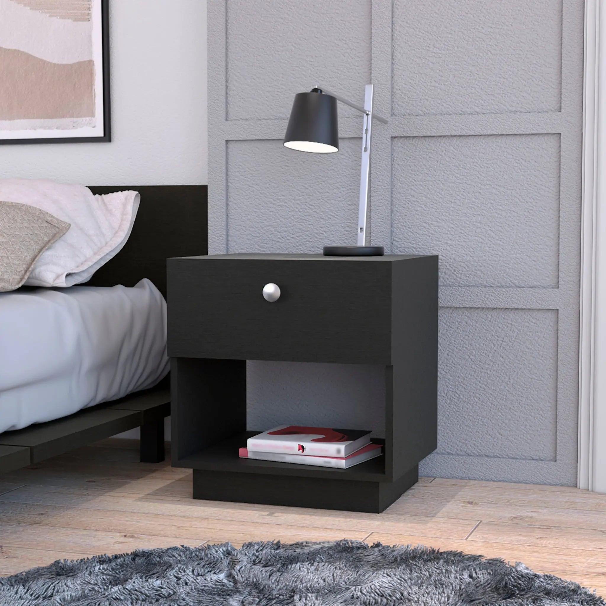 20" Black Wood One Drawer Nightstand with Integrated Tech Homeroots Bed & Bath
