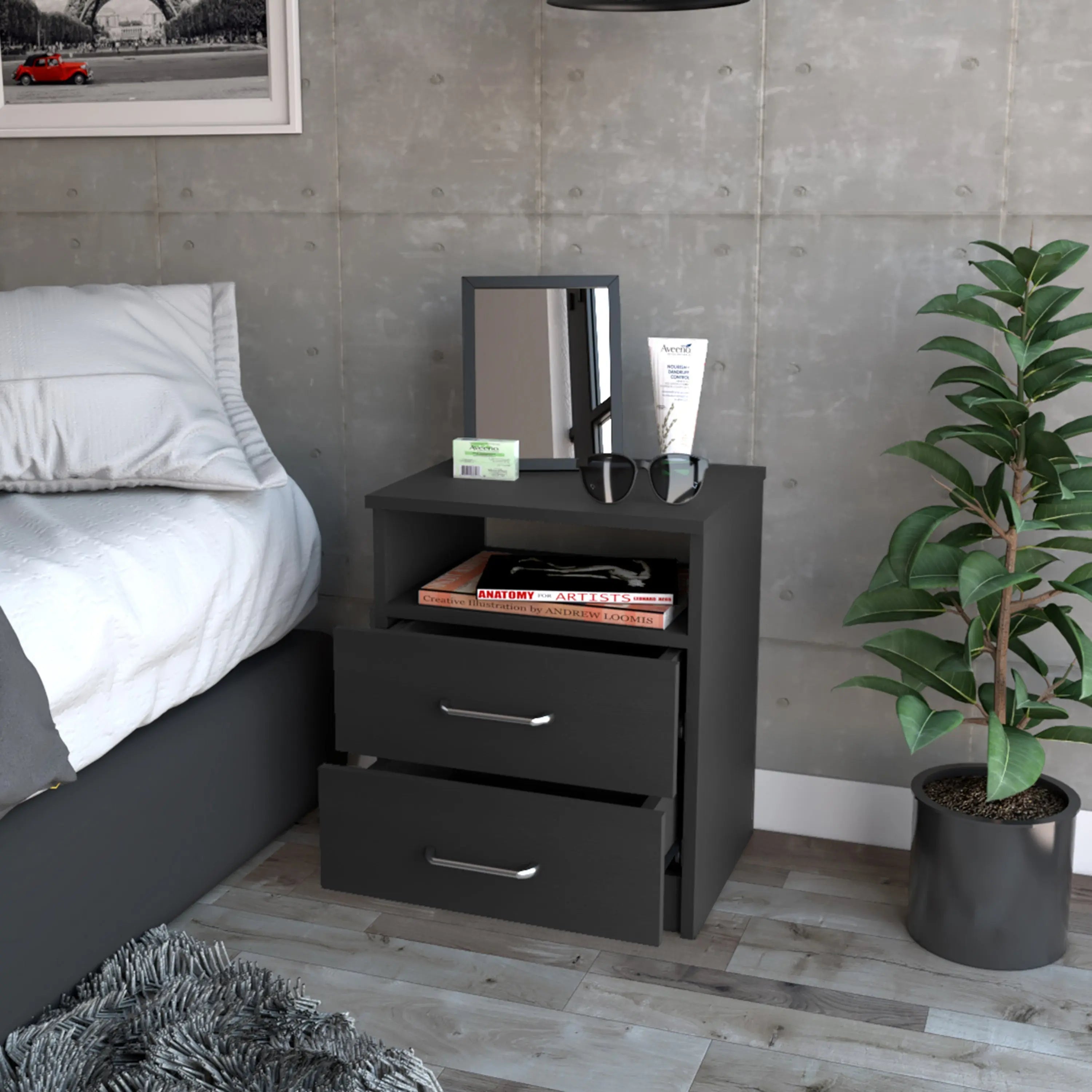 20" Black Wood Two Drawer Nightstand Homeroots Bed & Bath
