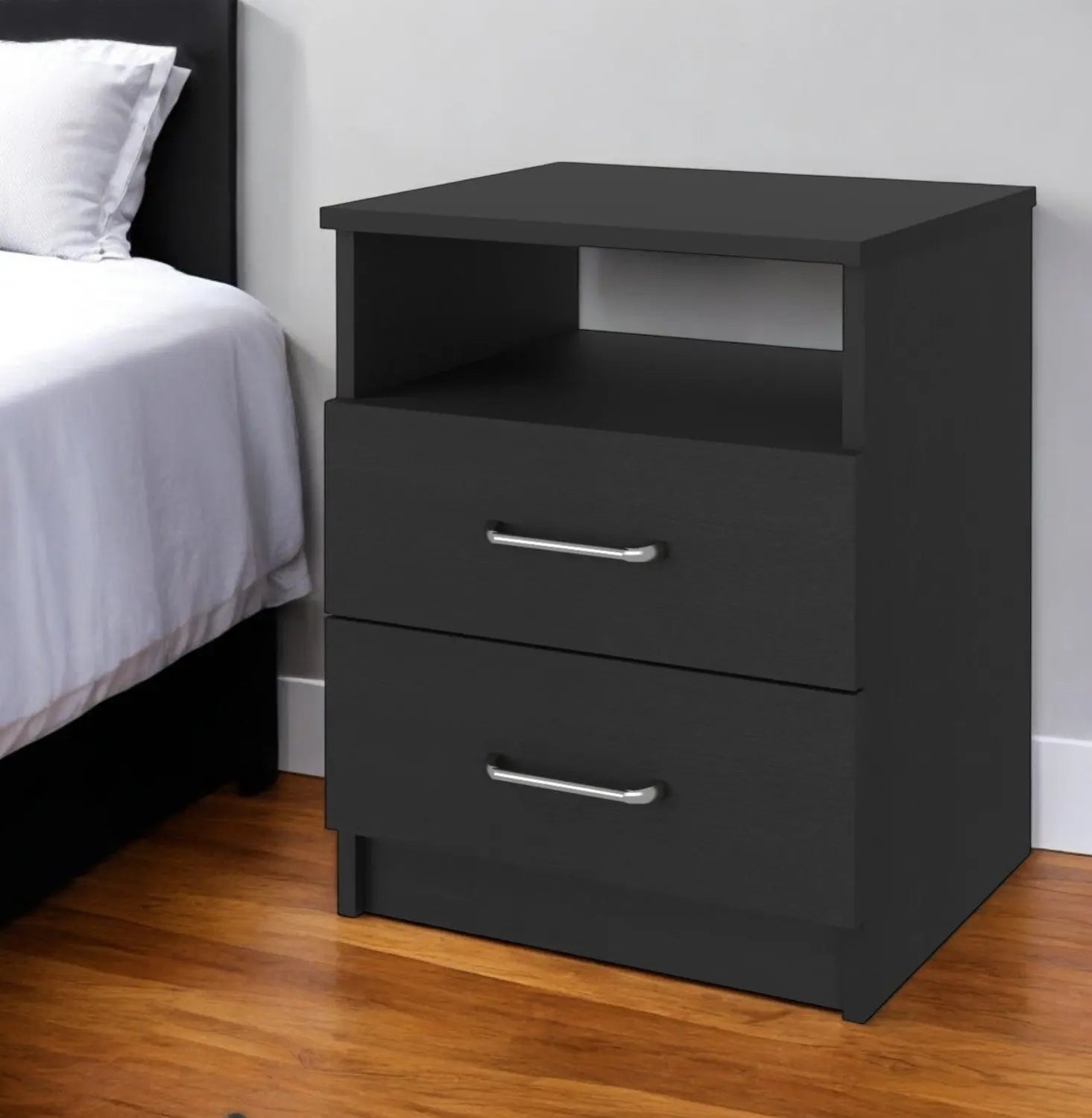 20" Black Wood Two Drawer Nightstand Homeroots Bed & Bath