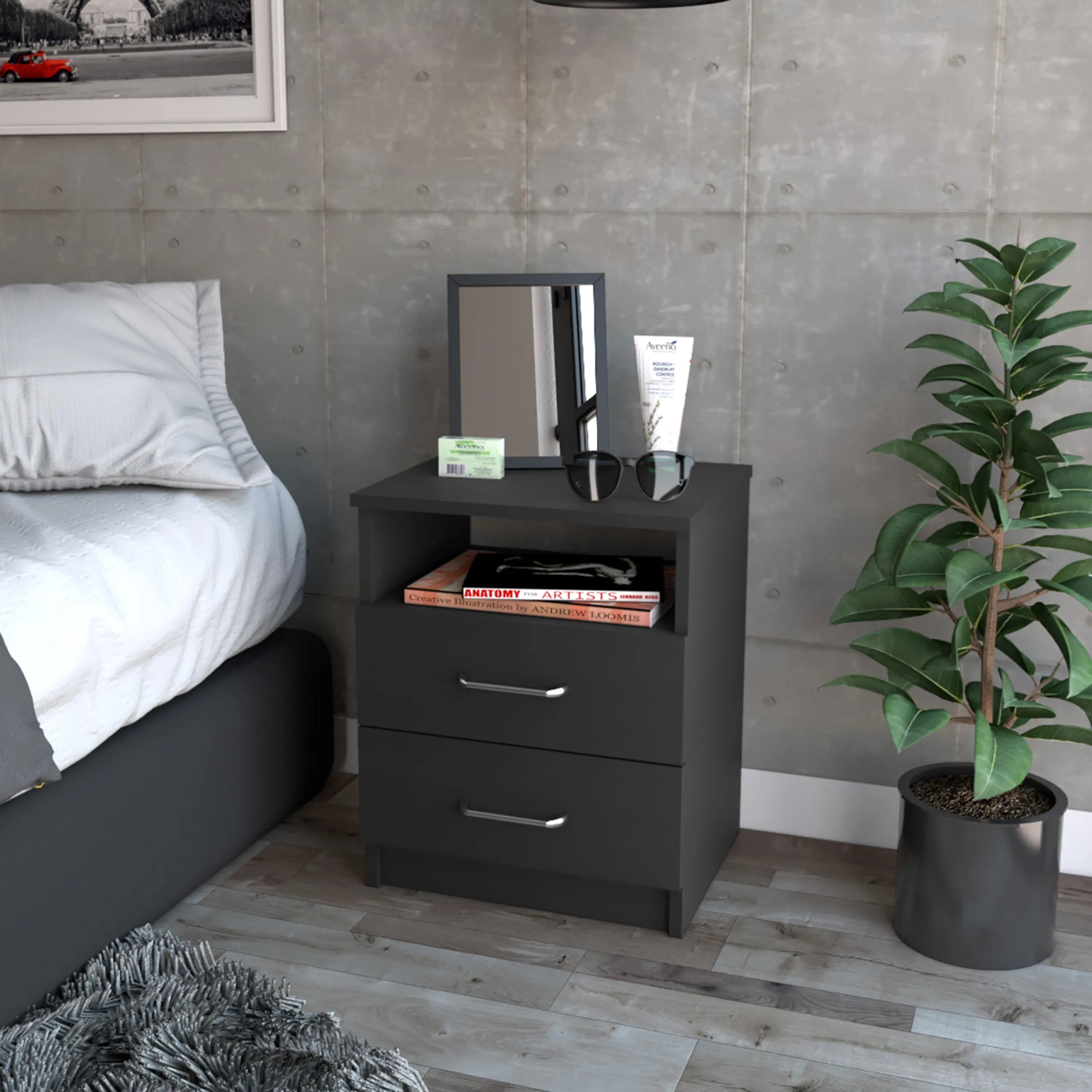 20" Black Wood Two Drawer Nightstand Homeroots Bed & Bath
