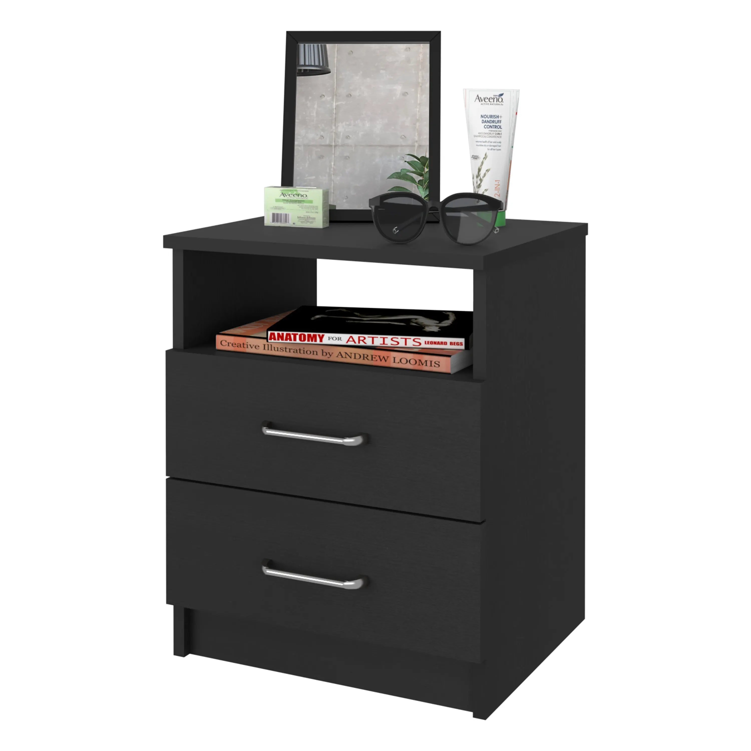 20" Black Wood Two Drawer Nightstand Homeroots Bed & Bath