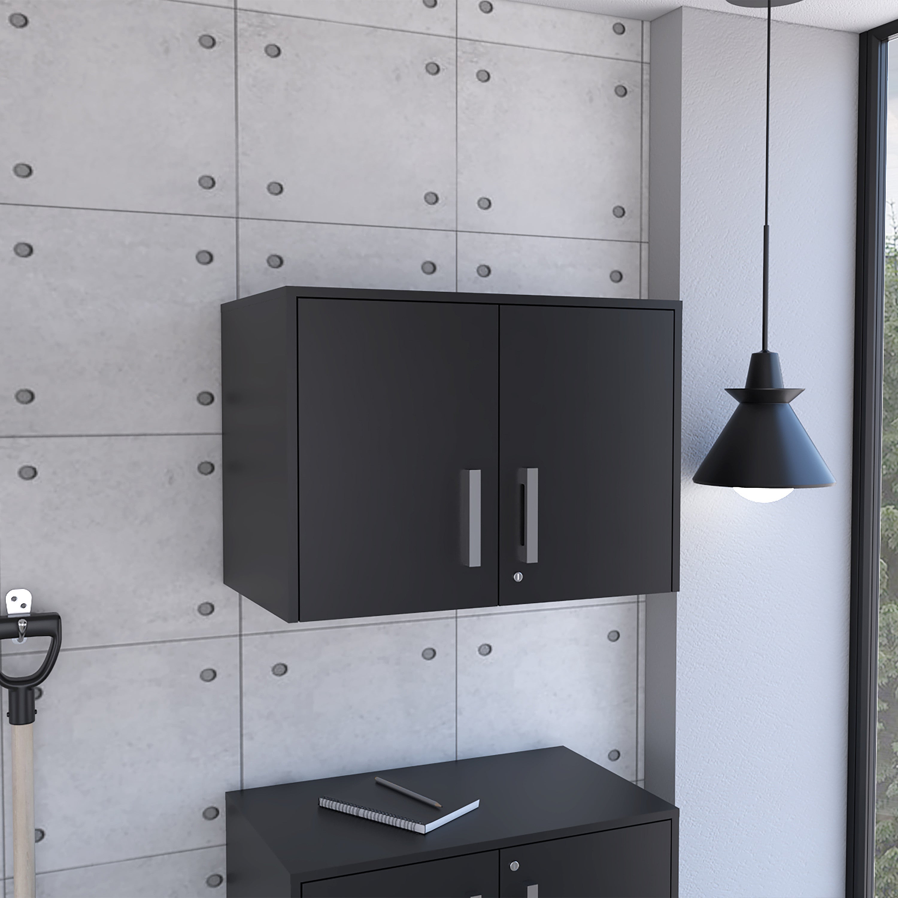 20" Black Wood Wall Mounted Storage Cabinet With Two Doors - GreatEagleInc
