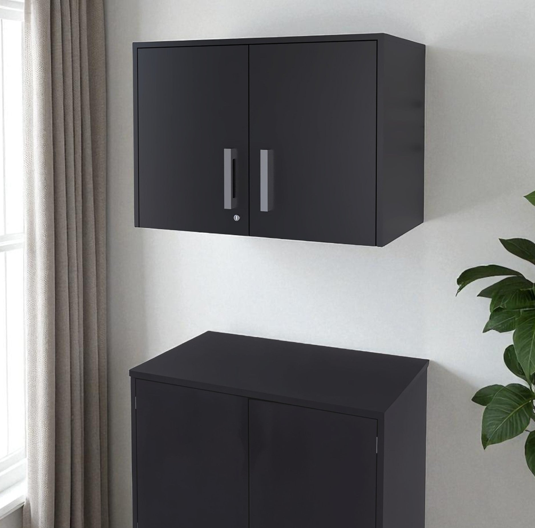 20" Black Wood Wall Mounted Storage Cabinet With Two Doors - GreatEagleInc