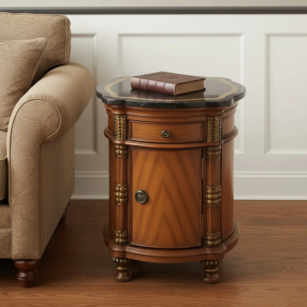 20" Black and Brown Stone and Wood Free Form Coffee Table With Drawer Homeroots Living Room