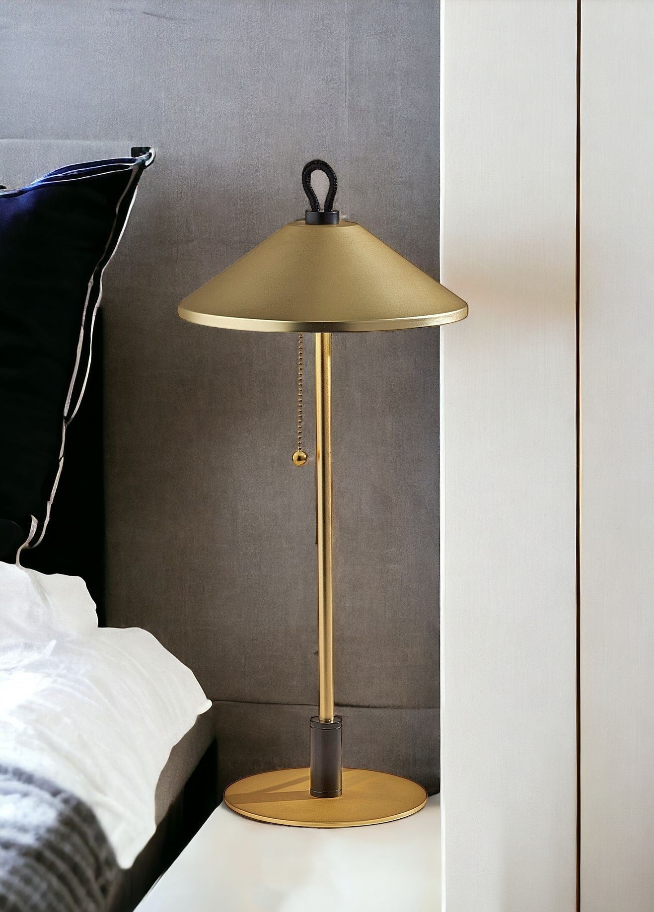 20" Black and Gold Metal Two Light Candlestick LED Table Lamp With Brass Cone Shade - GreatEagleInc