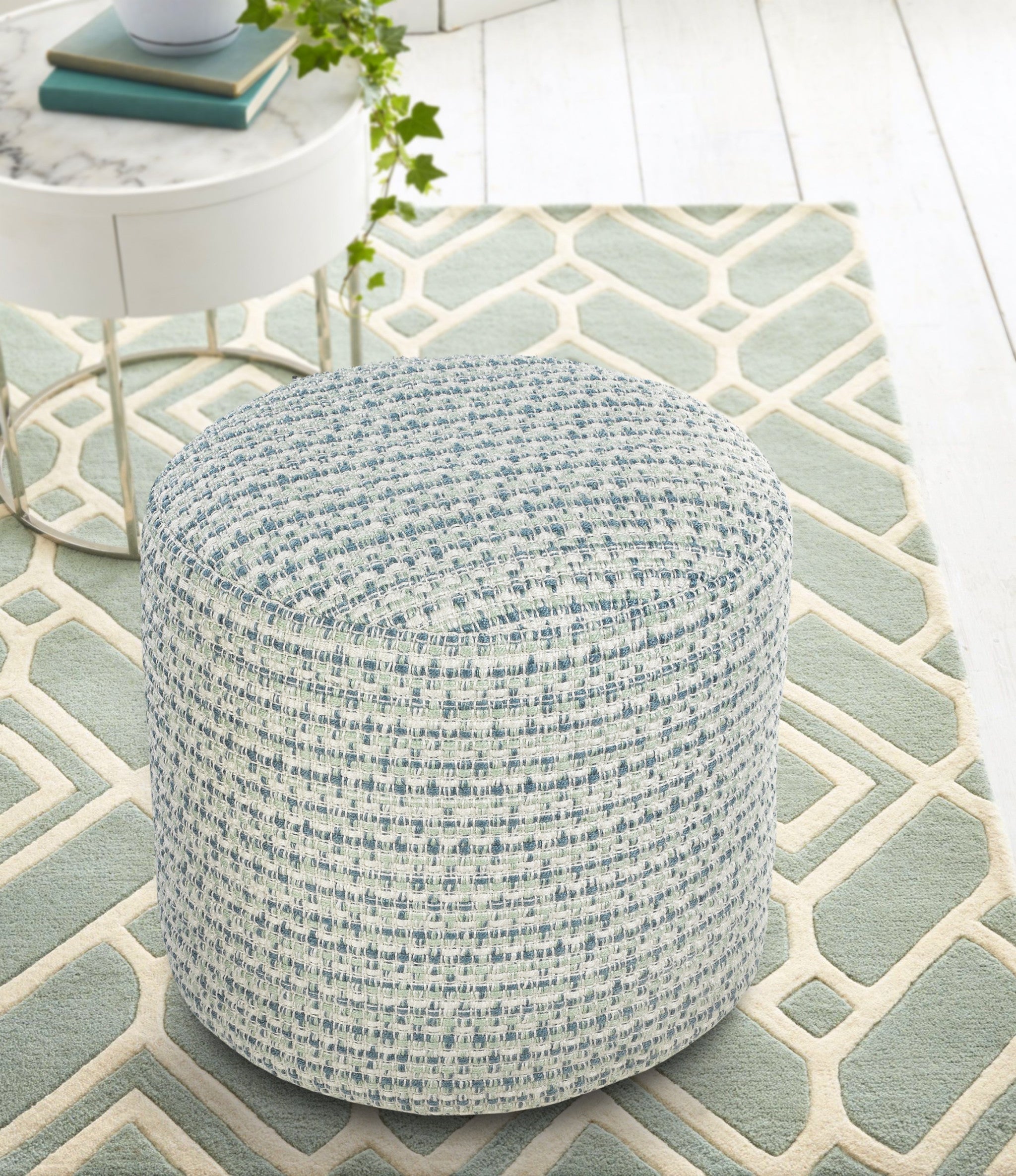 20" Blue Polyester Round Geometric Indoor Outdoor Pouf Ottoman Homeroots Outdoor