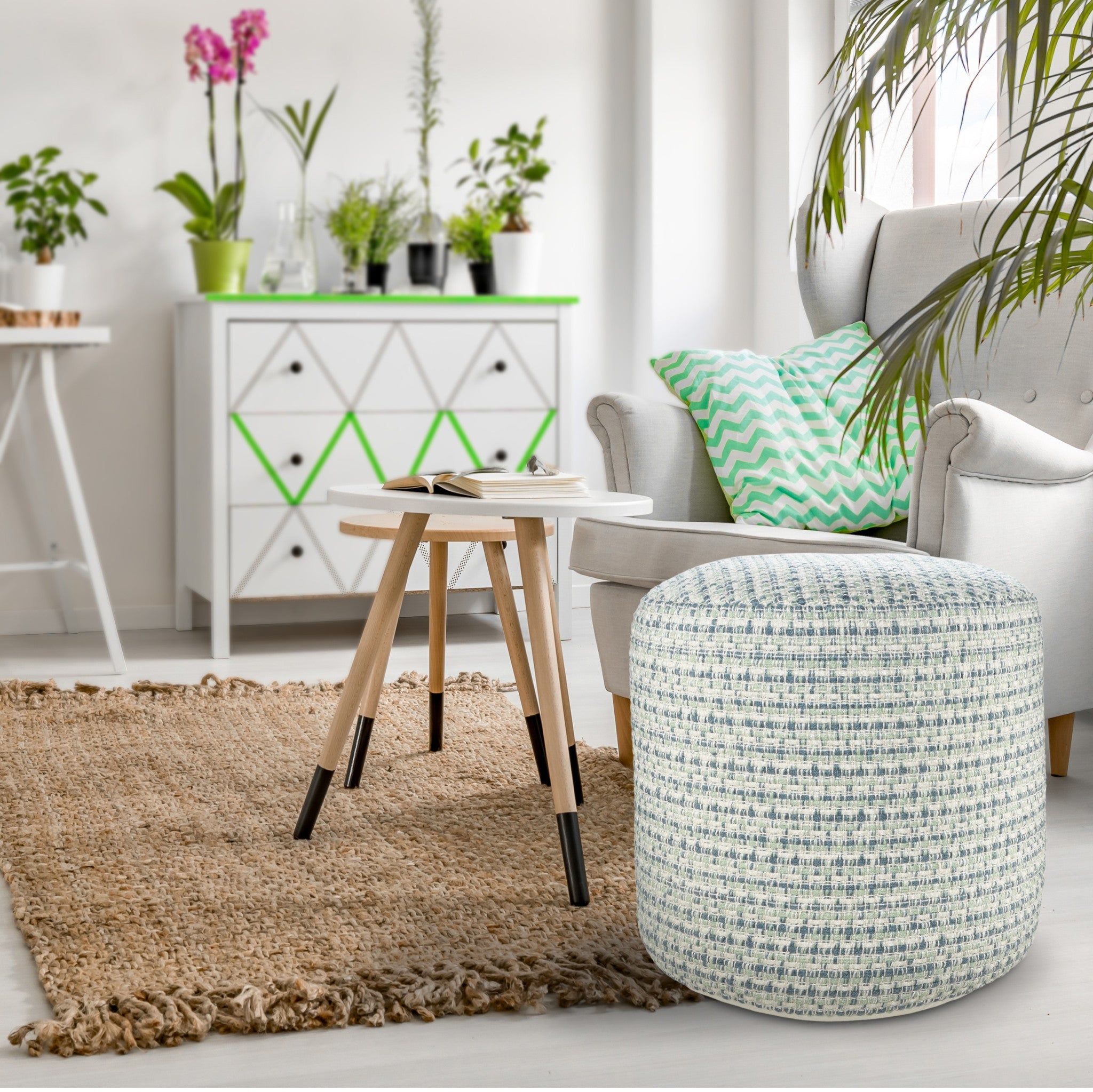 20" Blue Polyester Round Geometric Indoor Outdoor Pouf Ottoman Homeroots Outdoor