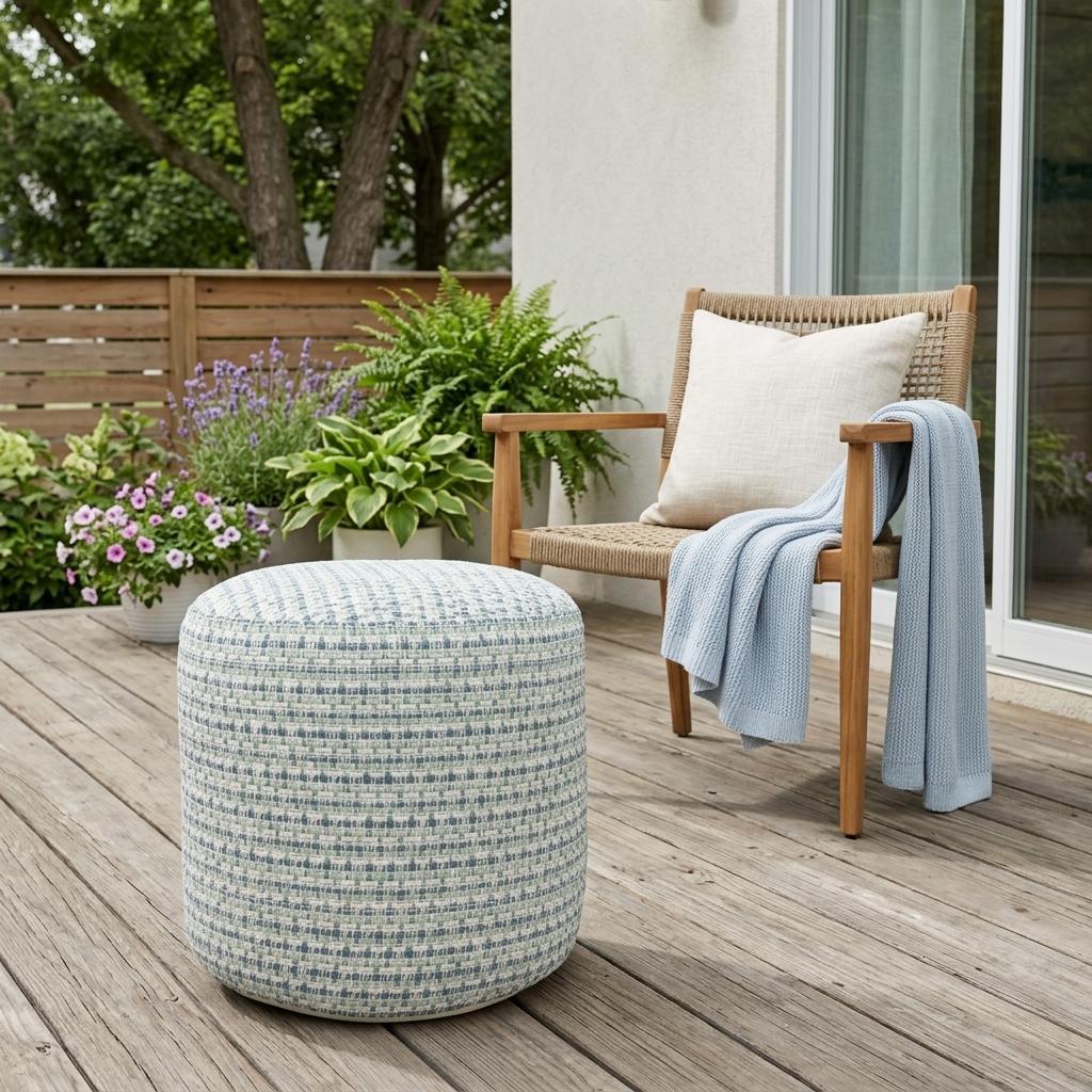 20" Blue Polyester Round Geometric Indoor Outdoor Pouf Ottoman Homeroots Outdoor