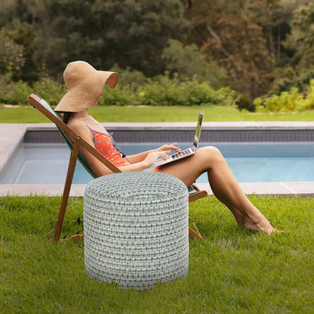 20" Blue Polyester Round Geometric Indoor Outdoor Pouf Ottoman Homeroots Outdoor