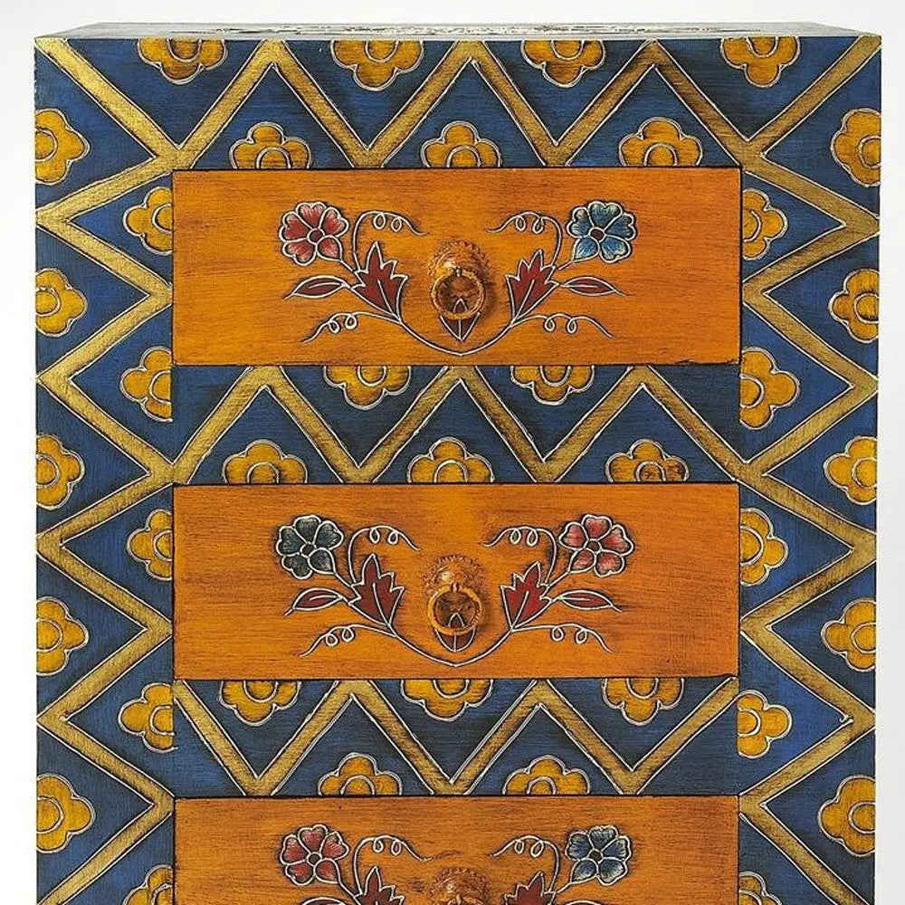 20" Blue and Brown Hand Painted Wood Accent Cabinet With Three Drawers Homeroots Kitchen & Dining