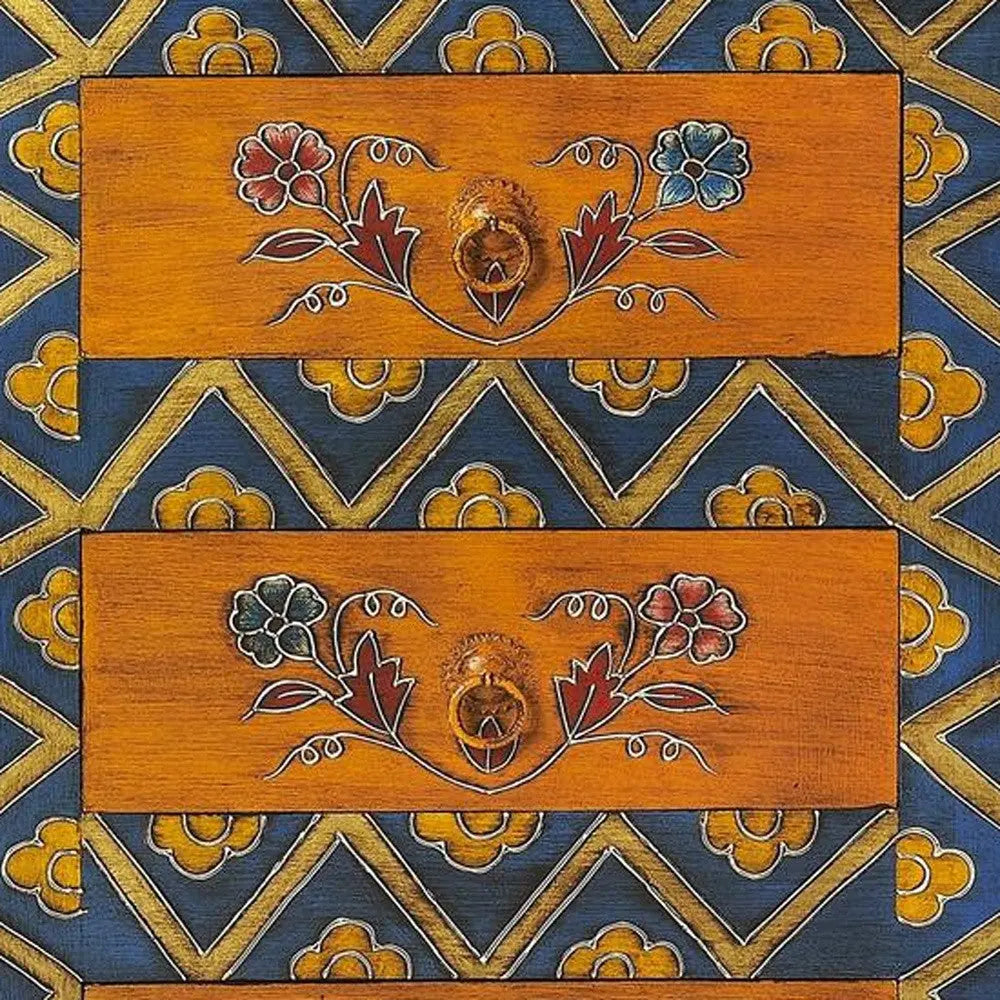 20" Blue and Brown Hand Painted Wood Accent Cabinet With Three Drawers Homeroots Kitchen & Dining