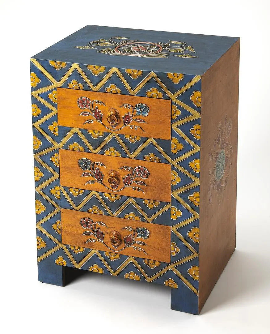 20" Blue and Brown Hand Painted Wood Accent Cabinet With Three Drawers Homeroots Kitchen & Dining