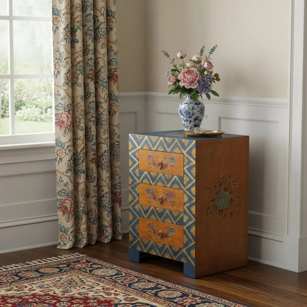 20" Blue and Brown Hand Painted Wood Accent Cabinet With Three Drawers Homeroots Kitchen & Dining