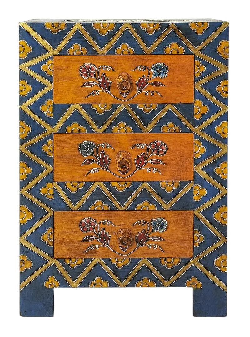 20" Blue and Brown Hand Painted Wood Accent Cabinet With Three Drawers Homeroots Kitchen & Dining