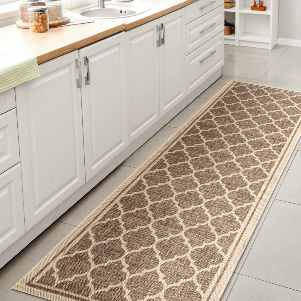 20' Brown And Beige Geometric Indoor Outdoor Runner Rug - GreatEagleInc