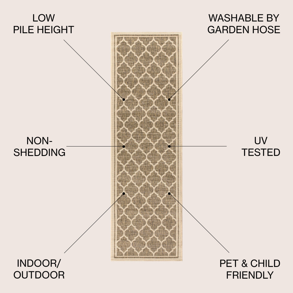 20' Brown And Beige Geometric Indoor Outdoor Runner Rug - GreatEagleInc