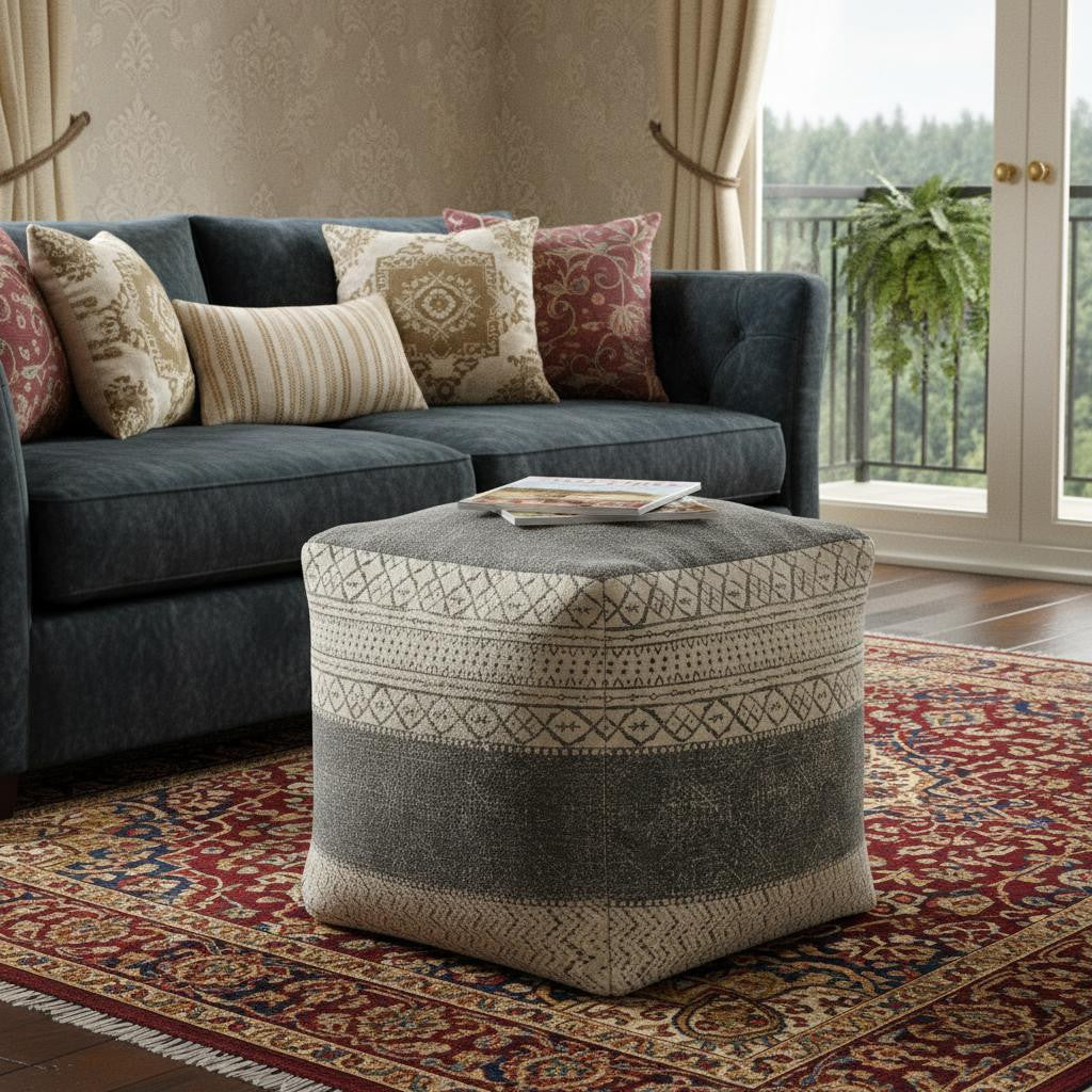 20" Cream Cotton Tribal Pouf Ottoman Homeroots Living Room