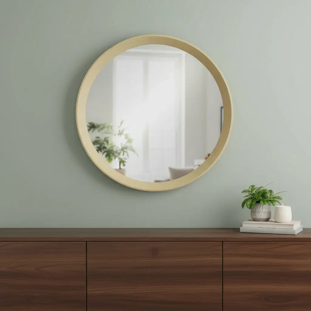 20" Cream Round Wood Framed Accent Mirror Homeroots Bed & Bath