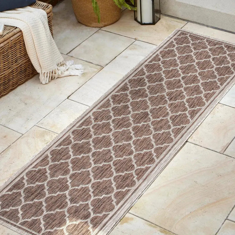 20' Espresso And Taupe Geometric Indoor Outdoor Runner Rug - GreatEagleInc
