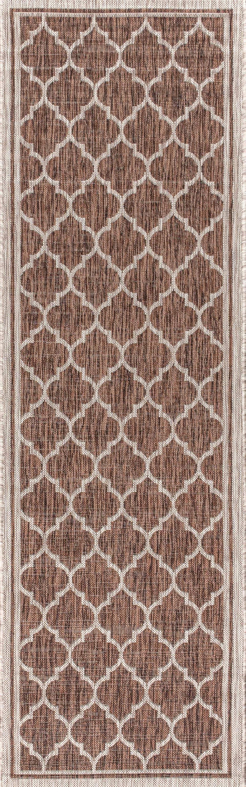 20' Espresso And Taupe Geometric Indoor Outdoor Runner Rug - GreatEagleInc