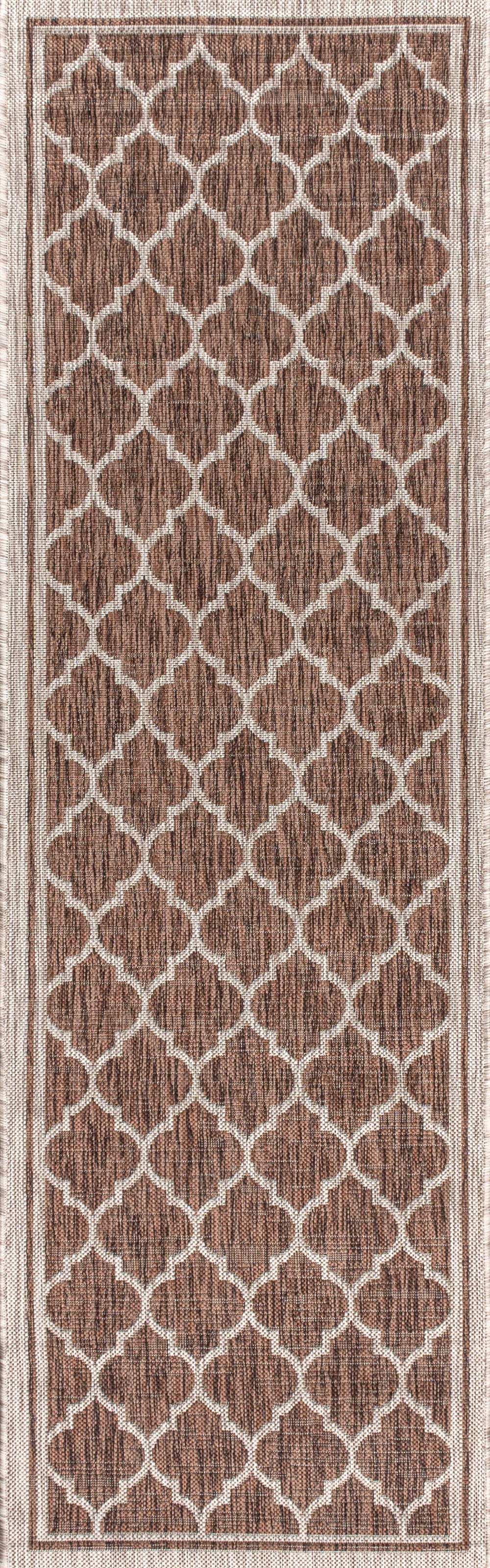 20' Espresso And Taupe Geometric Indoor Outdoor Runner Rug - GreatEagleInc