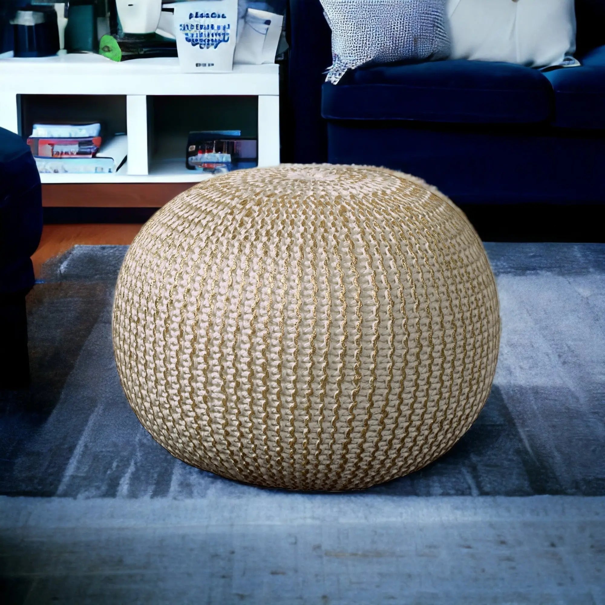 20" Gold Cotton Round Pouf Ottoman Homeroots Living Room