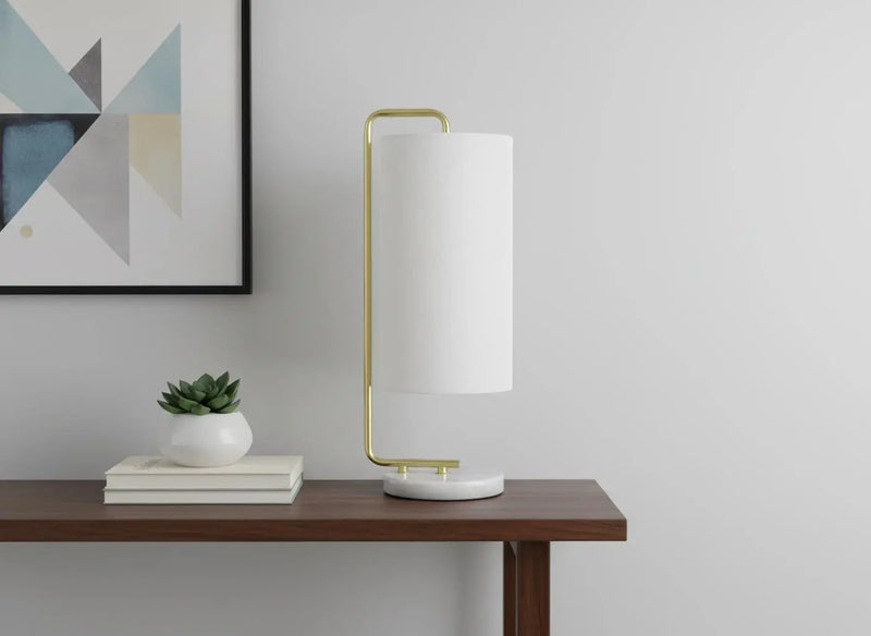 20" Gold and White Marble Round Arched Table Lamp With Ivory Drum Shade Homeroots Lighting