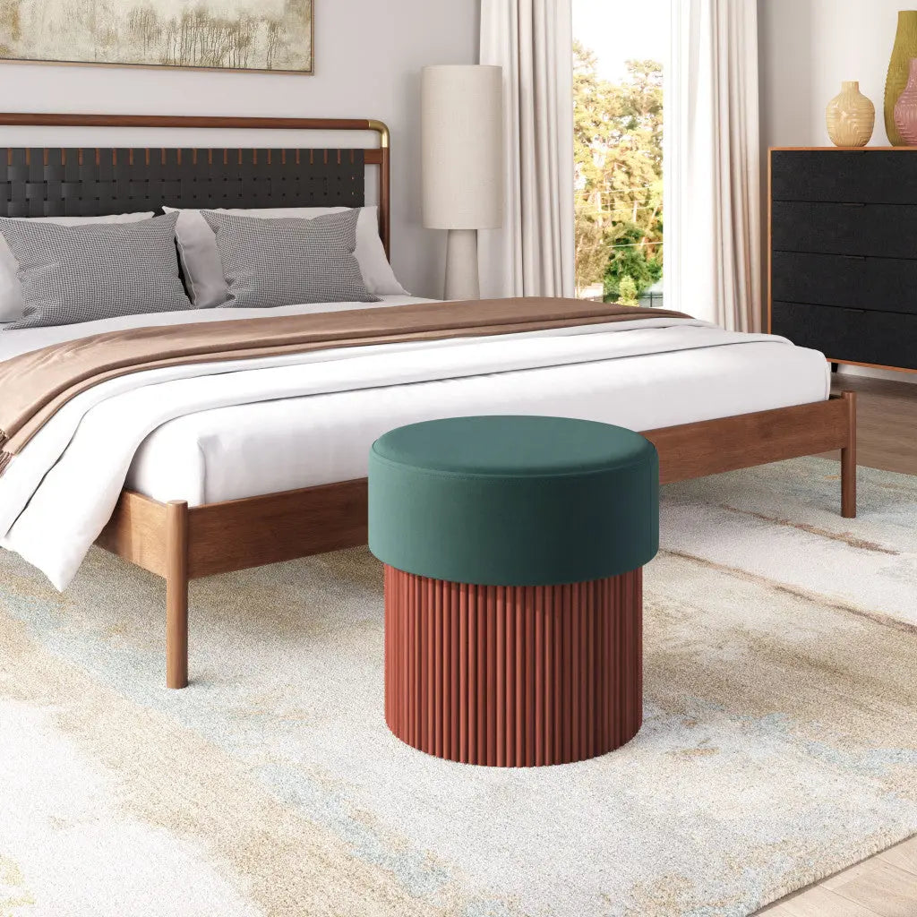 20" Green and Brown Fabric Round Ottoman Homeroots