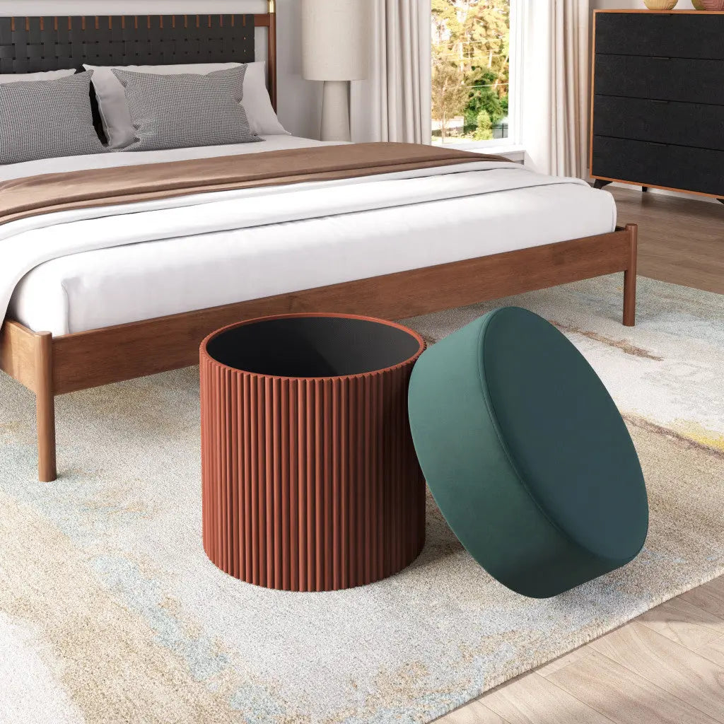 20" Green and Brown Fabric Round Ottoman Homeroots