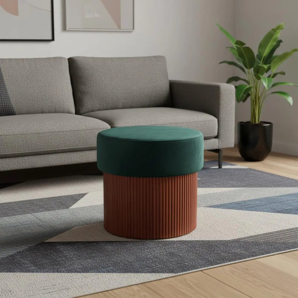 20" Green and Brown Fabric Round Ottoman Homeroots