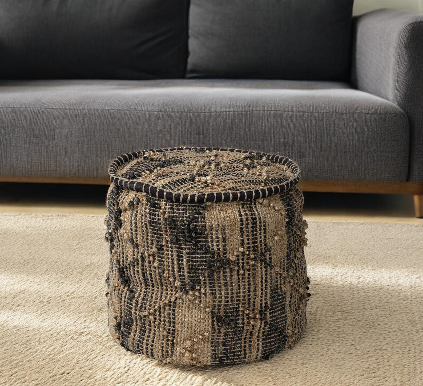 20" Jute Cylinder Geometric Pouf Ottoman - GreatEagleInc