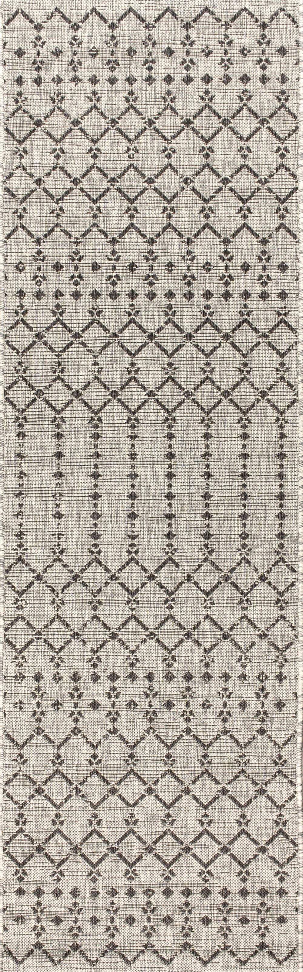 20' Light Gray And Black Trellis Indoor Outdoor Runner Rug - GreatEagleInc