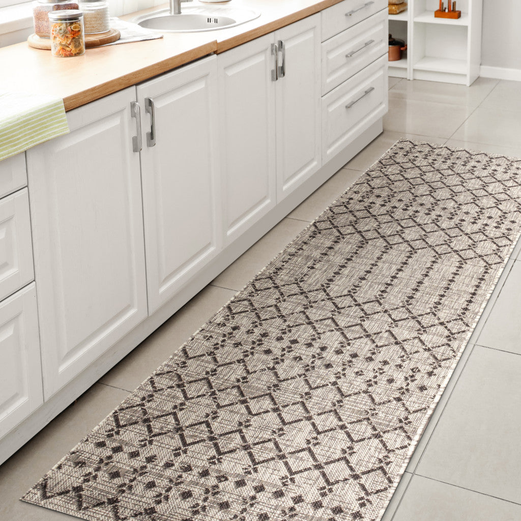 20' Light Gray And Black Trellis Indoor Outdoor Runner Rug - GreatEagleInc