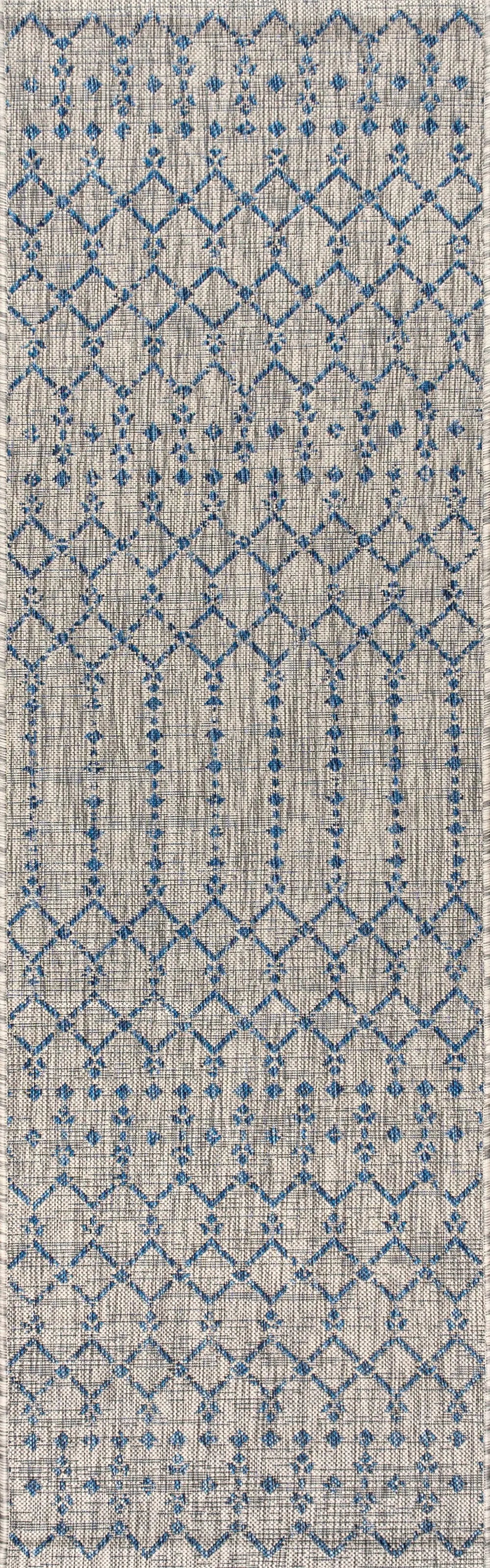 20' Light Gray And Navy Blue Trellis Indoor Outdoor Runner Rug Homeroots Outdoor