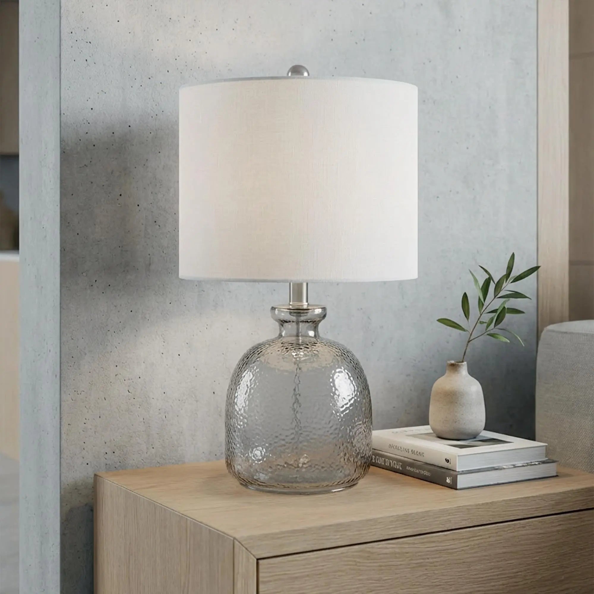 20" Light Gray Textured Glass Table Lamp With White Drum Shade Homeroots Lighting