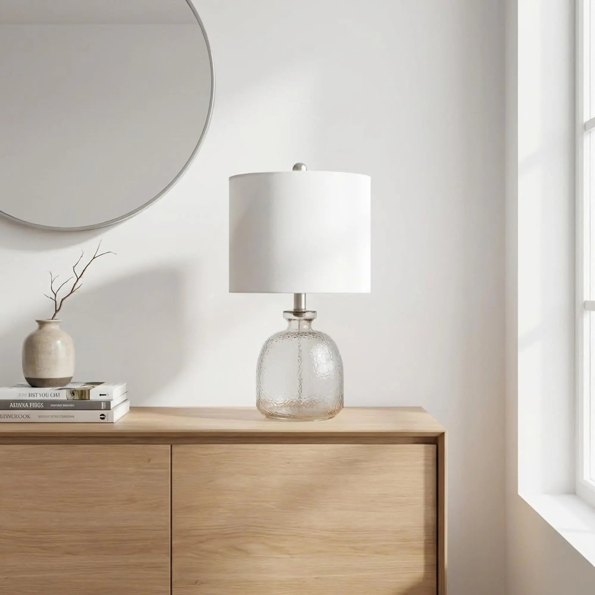 20" Light Gray Textured Glass Table Lamp With White Drum Shade Homeroots Lighting