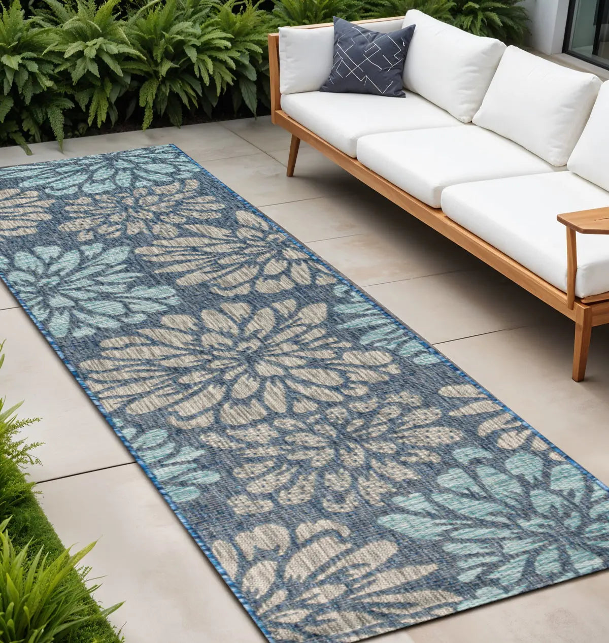 20' Navy Blue And Aqua Floral Indoor Outdoor Runner Rug Homeroots Outdoor