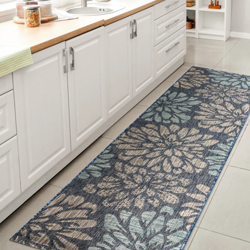 20' Navy Blue And Aqua Floral Indoor Outdoor Runner Rug Homeroots Outdoor